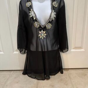 Black Sheer Tunic bathing suit coverup with Embellished Neckline